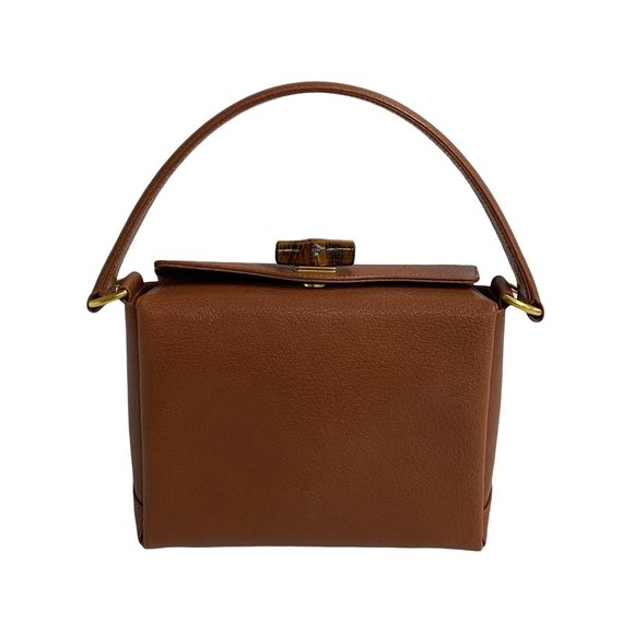 GUCCI Old Gucci Bamboo Turnlock Leather Handbag Tote Bag Brown 42743 - Picture 1 of 8